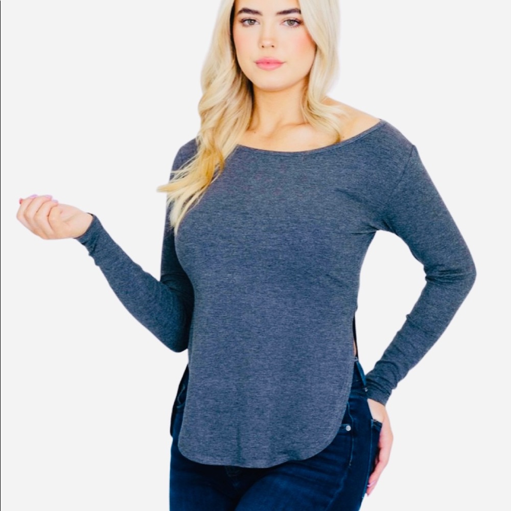 Women’s Casual Long Sleeve Scoop Neck Long Fitted T-Shirt - Grey